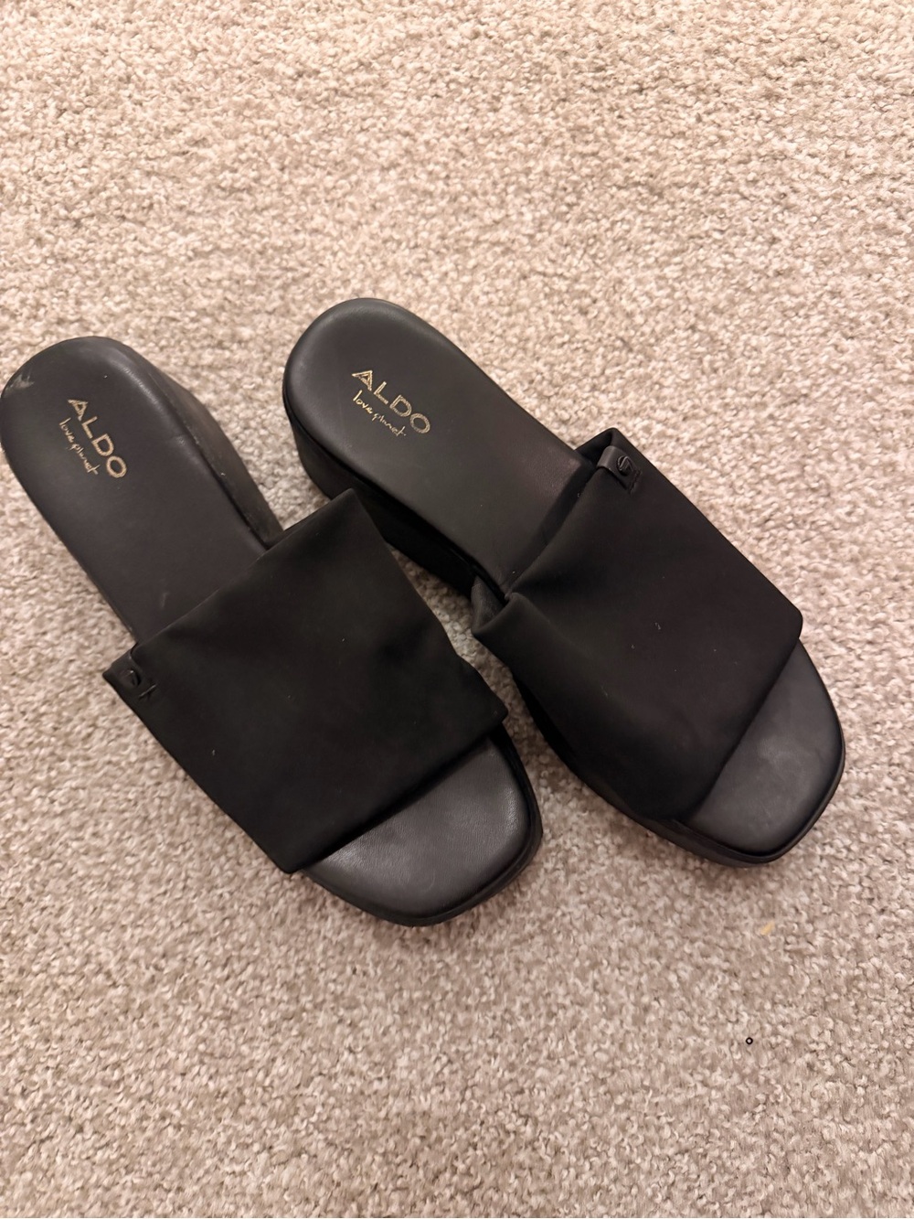 Aldo Black Wide-Strap Wedge Slide Sandals